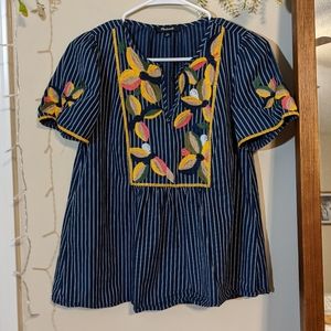 Madewell Navy Striped Blouse with Colorful Embroidery